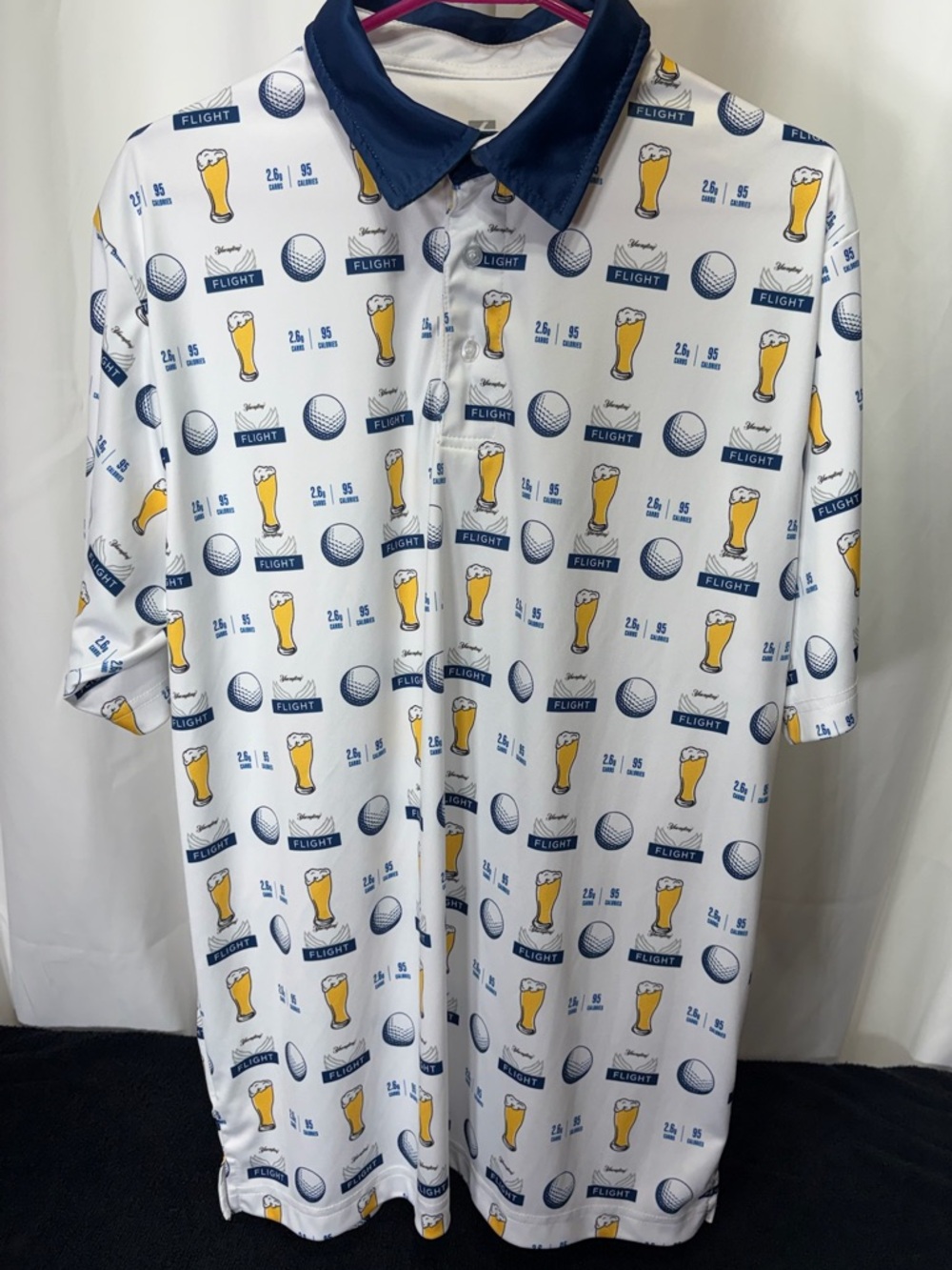 White & Navy Printed Golf Polo Shirt with Beer and Ball Motif 2667
